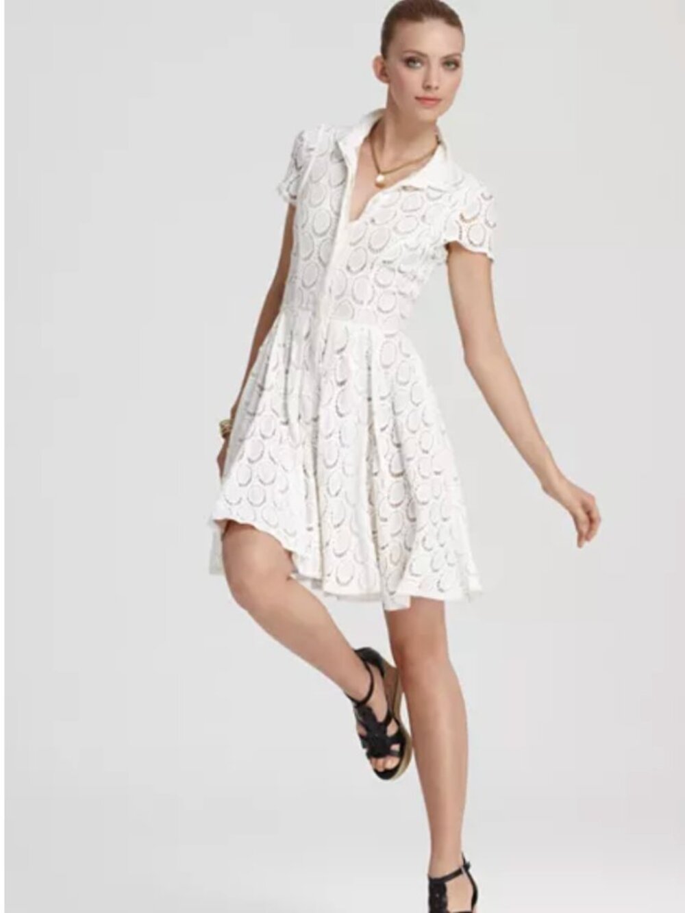 NWT BCBG Kiran Shirt Dress Eyelet White Fit Flare Coquette Preppy Romantic 4 S